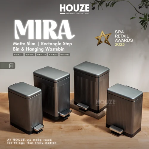 HOUZE - 8L|10L|15L MIRA Matte Slim Step Bin 2 Color [White | Grey] - Dustbin | Soft closing | Trash can | Garbage